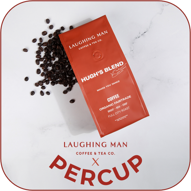 Laughing Man Coffee & Tea Co. x PERCUP co-branded image, showing a bag of Hugh's Blend coffee with beans, above the joined Laughing Man x PERCUP logos