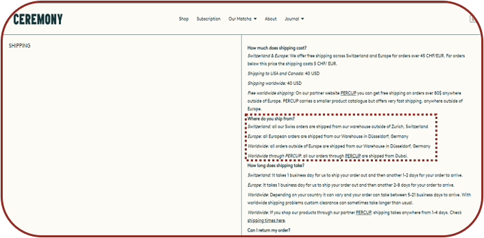 Ceremony Matcha shipping FAQ, with a 'Where do you ship from?' section and a line noting worldwide orders ship through PERCUP from Dubai