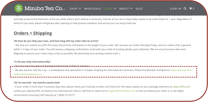 Mizuba Tea Co. Orders + Shipping FAQ, with a line under 'Do you ship internationally?' pointing customers to their Per Cup listing