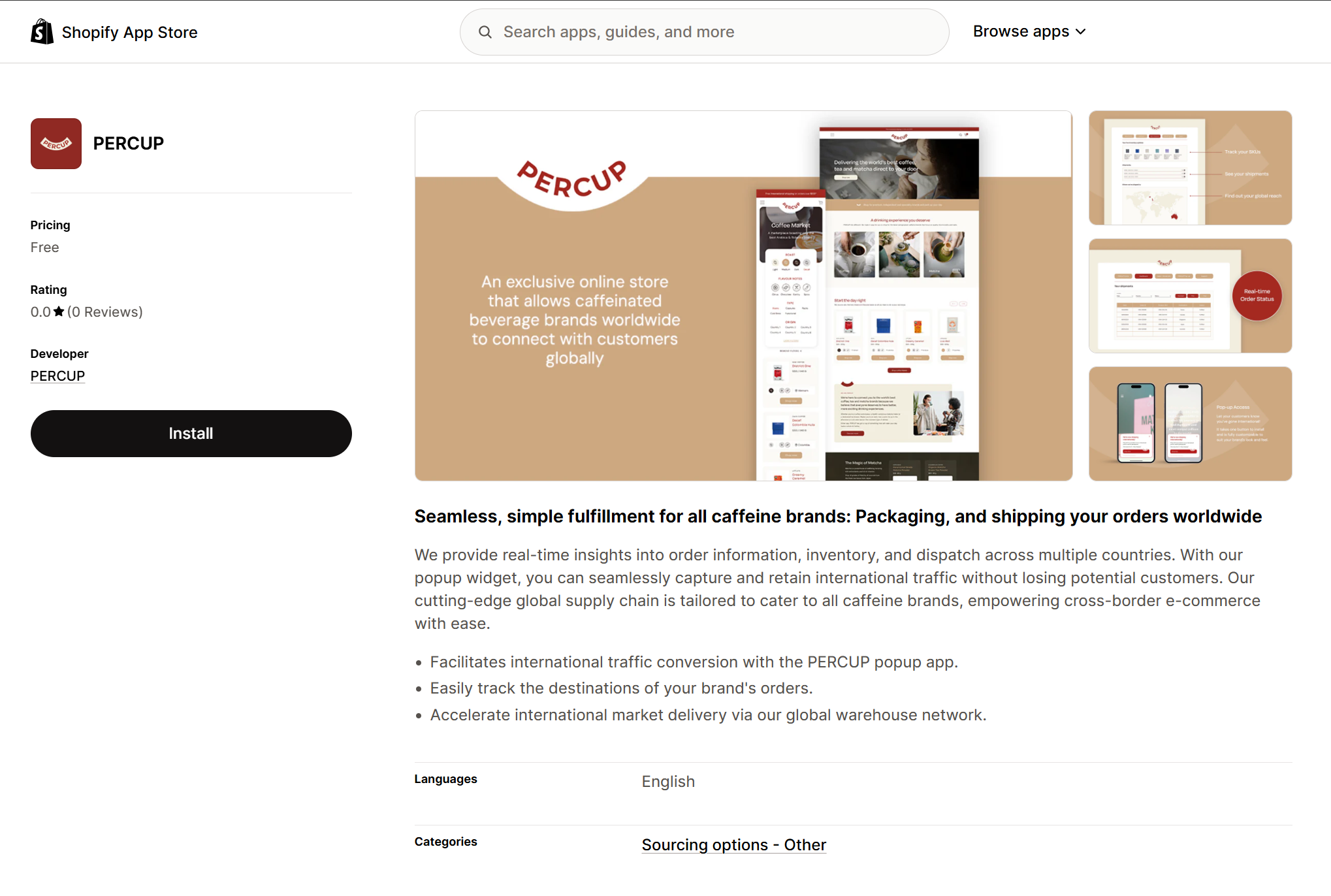 The PERCUP app listing on the Shopify App Store, showing a free price, the developer PERCUP, and a black Install button