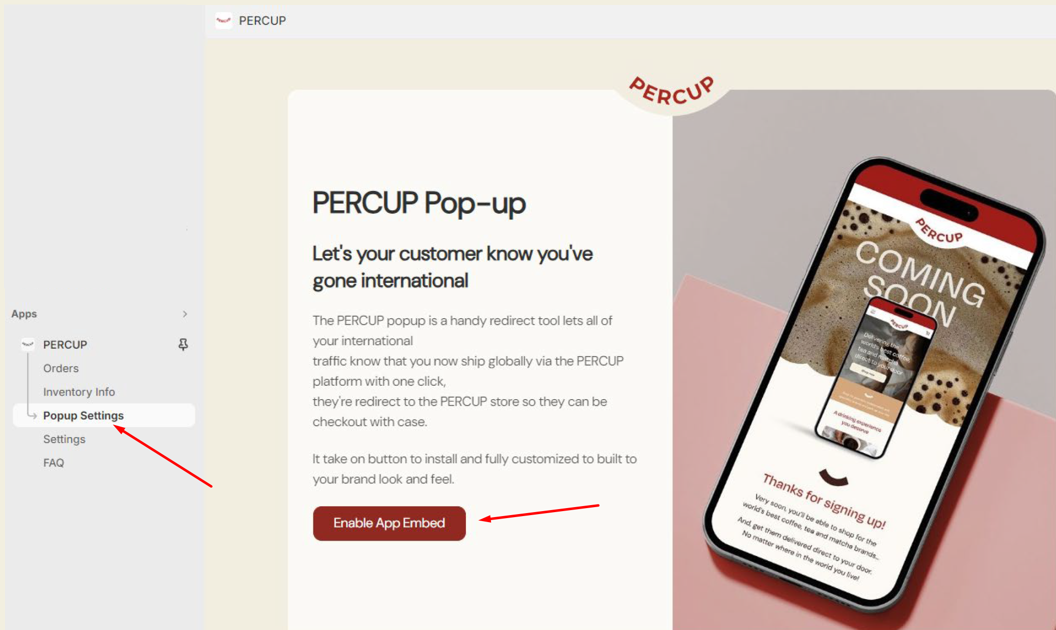 The PERCUP app's Popup Settings page with a red 'Enable App Embed' button, and Popup Settings highlighted in the left sidebar