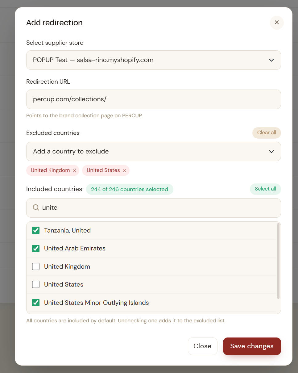 PERCUP's internal 'Add redirection' panel: selecting the supplier store, a redirection URL to percup.com/collections/, and excluded countries (United Kingdom, United States) versus included countries