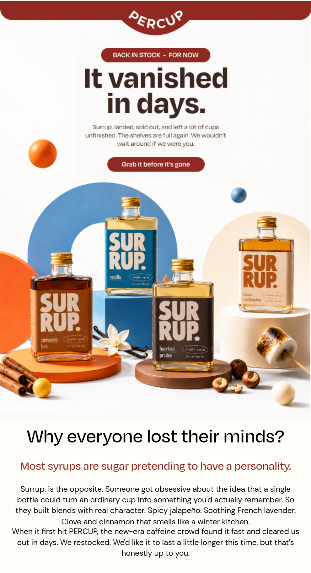 PERCUP newsletter featuring SURRUP syrups, headlined 'It vanished in days' with a 'Back in stock - for now' badge and a 'Grab it before it's gone' button