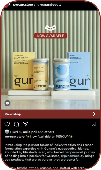 Collaboration Instagram post shared by percup.store and gunambeauty with a 'Now Available' badge, captioned 'Now Available on PERCUP'