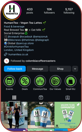 HumaniTea Instagram profile showing 'Global @percup.store' in the bio and a pinned announcement post at the top of the grid