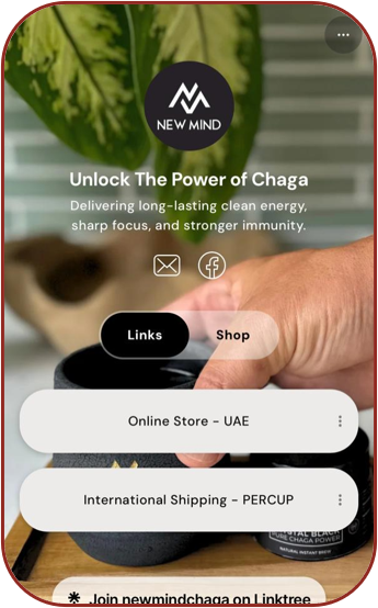New Mind Linktree page with a dedicated link labelled 'International Shipping - PERCUP' alongside their regular store links